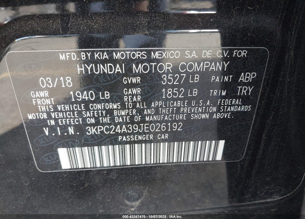 2018 HYUNDAI ACCENT VIN: 3KPC24A39JE026192