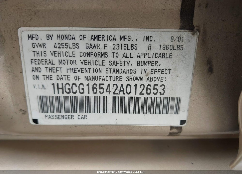 2002 HONDA ACCORD 3.0 EX VIN: 1HGCG16542A012653