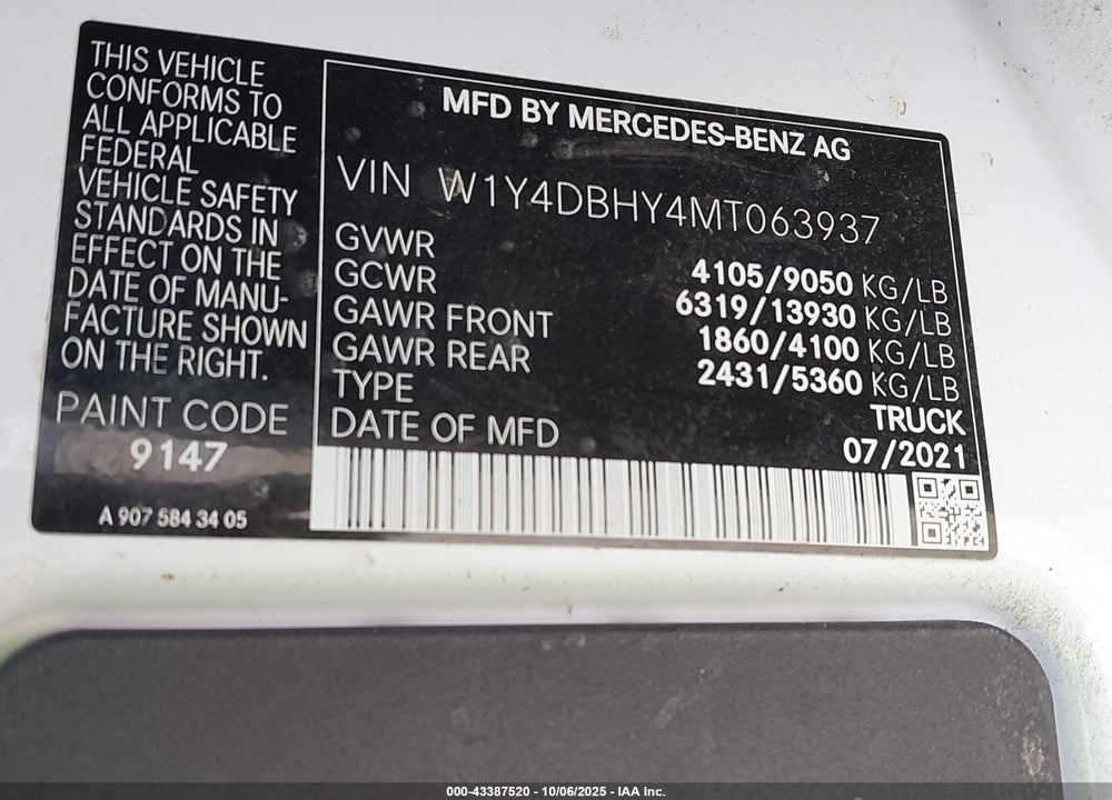 2021 MERCEDES-BENZ SPRINTER 2500 STANDARD ROOF I4 DIESEL VIN: W1Y4DBHY4MT063937
