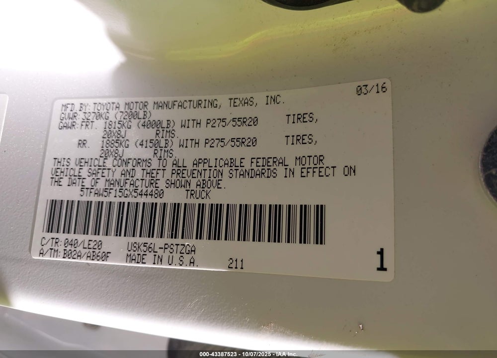 2016 TOYOTA TUNDRA PLATINUM 5.7L V8 VIN: 5TFAW5F15GX544480