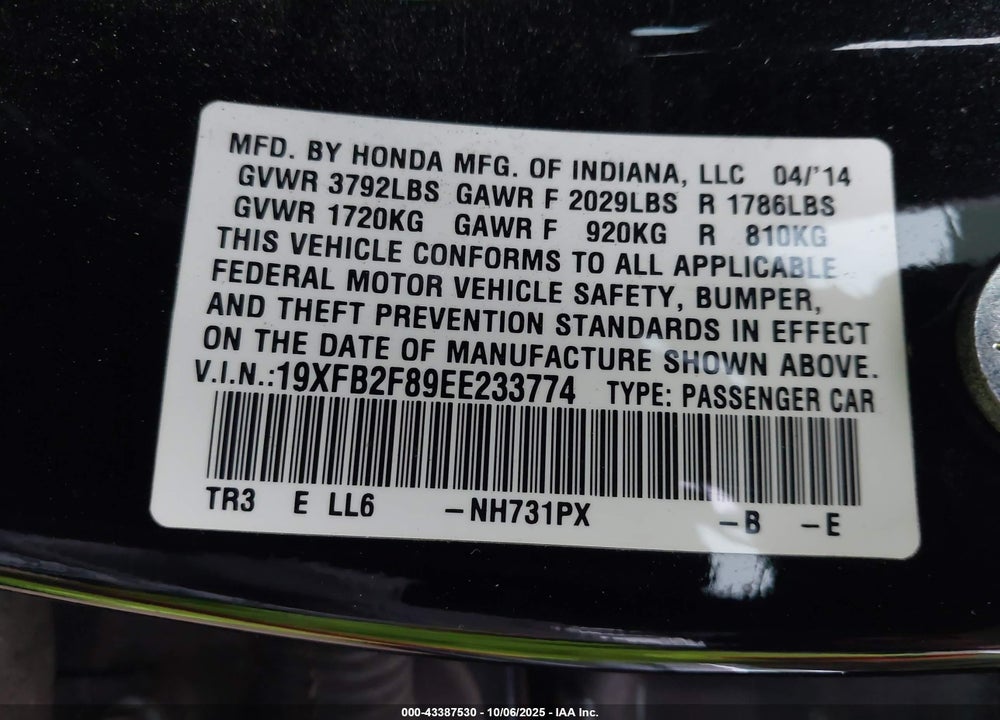 2014 HONDA CIVIC VIN: 19XFB2F89EE233774