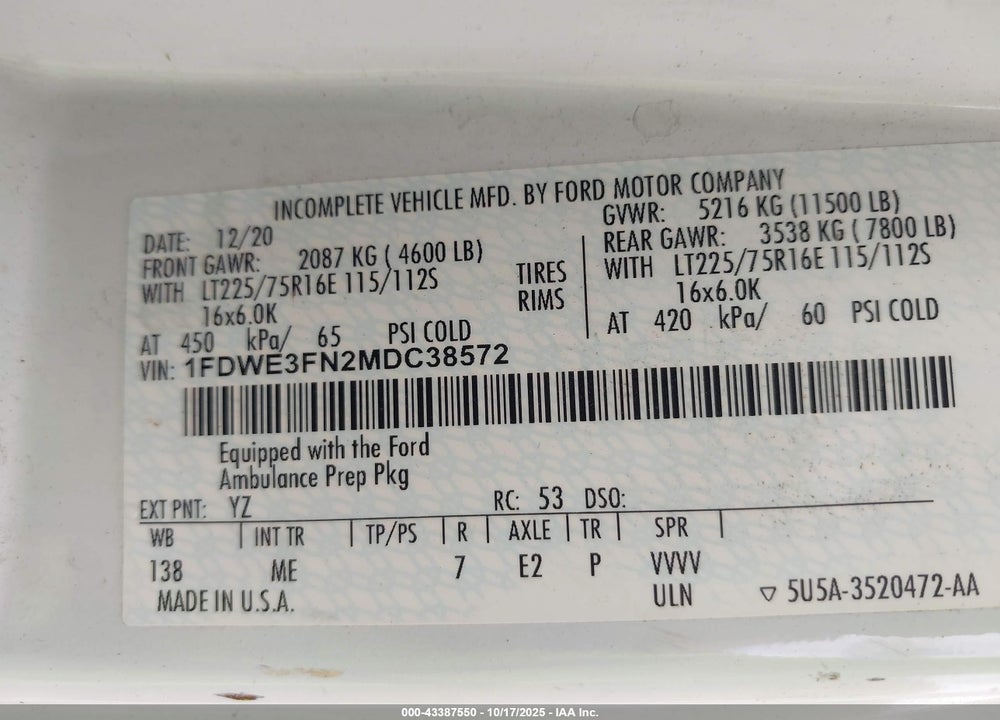 2021 FORD E-350 CUTAWAY VIN: 1FDWE3FN2MDC38572