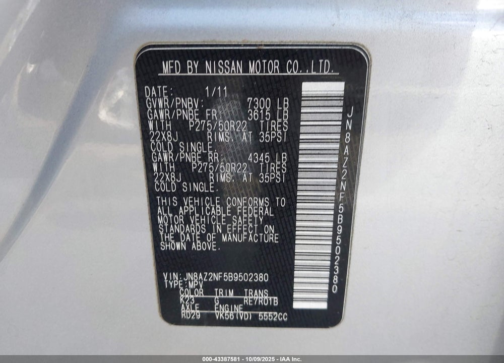 2011 INFINITI QX56 VIN: JN8AZ2NF5B9502380