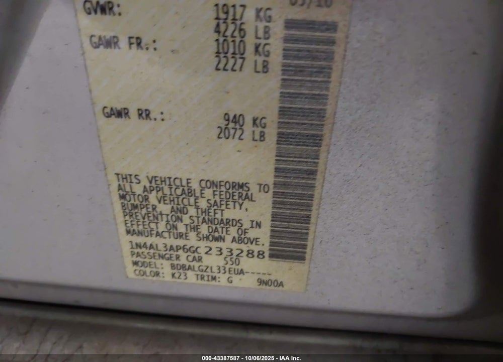 2016 NISSAN ALTIMA VIN: 1N4AL3AP6GC233288