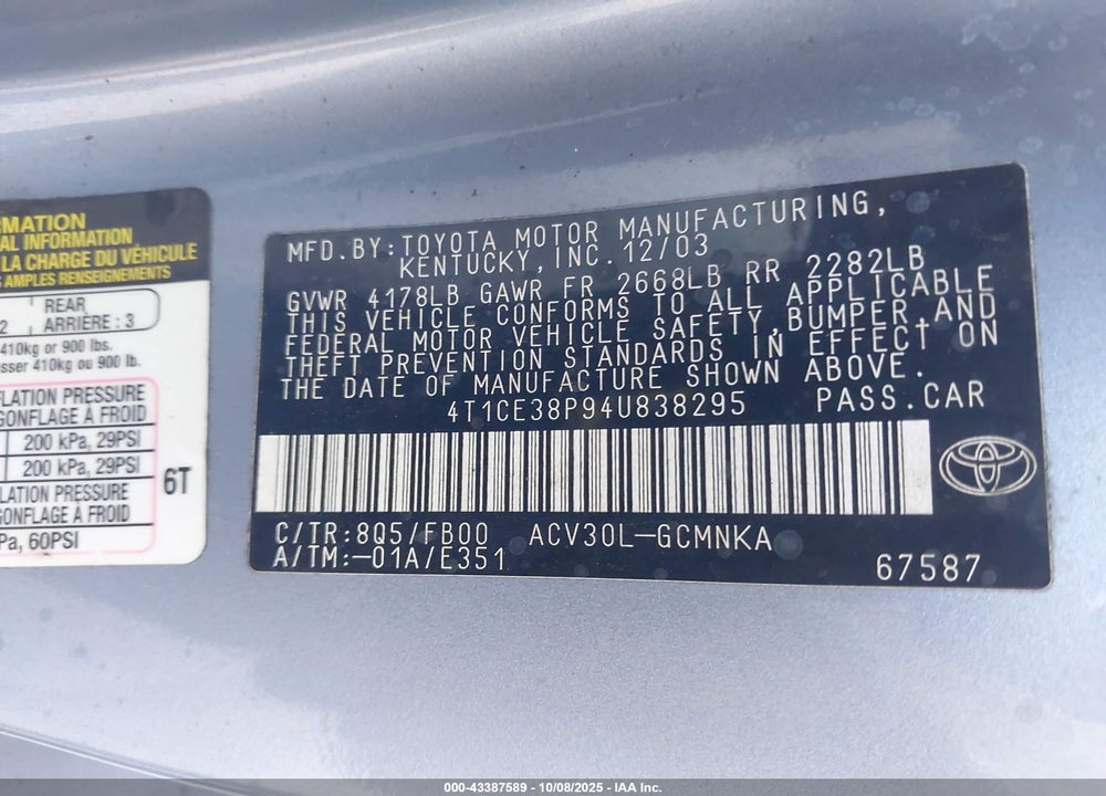 2004 TOYOTA CAMRY SOLARA SE VIN: 4T1CE38P94U838295