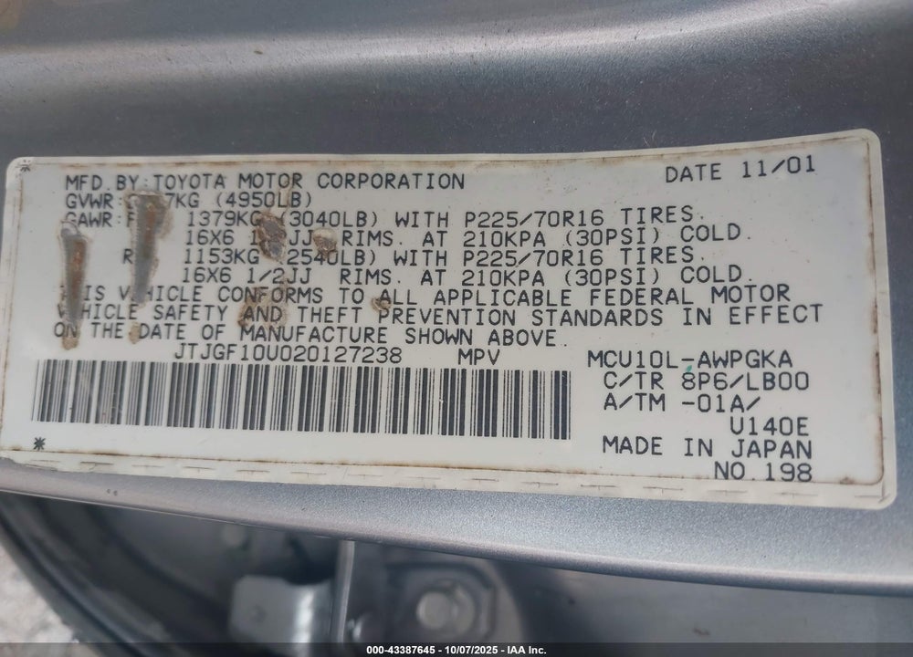 2002 LEXUS RX 300 VIN: JTJGF10U020127238