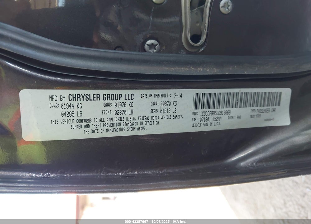 2014 DODGE DART VIN: 1C3CDFBB5ED910069