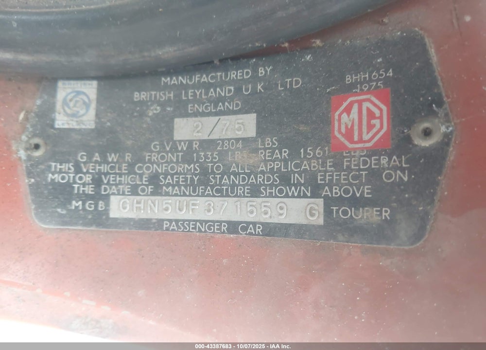 1975 MGB CONVERTABLE VIN: GAN5UF371559G