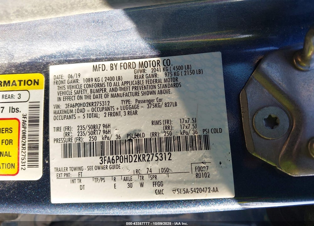 2019 FORD FUSION VIN: 3FA6P0HD2KR275312