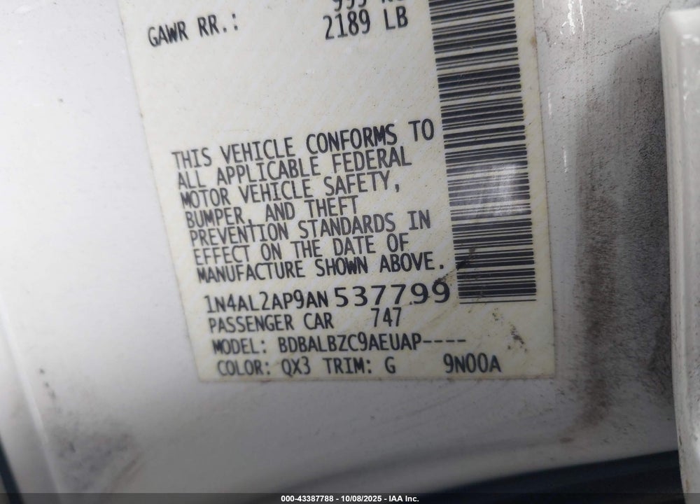 2010 NISSAN ALTIMA 2.5 S VIN: 1N4AL2AP9AN537799