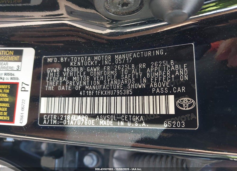 2017 TOYOTA CAMRY VIN: 4T1BF1FKXHU795385