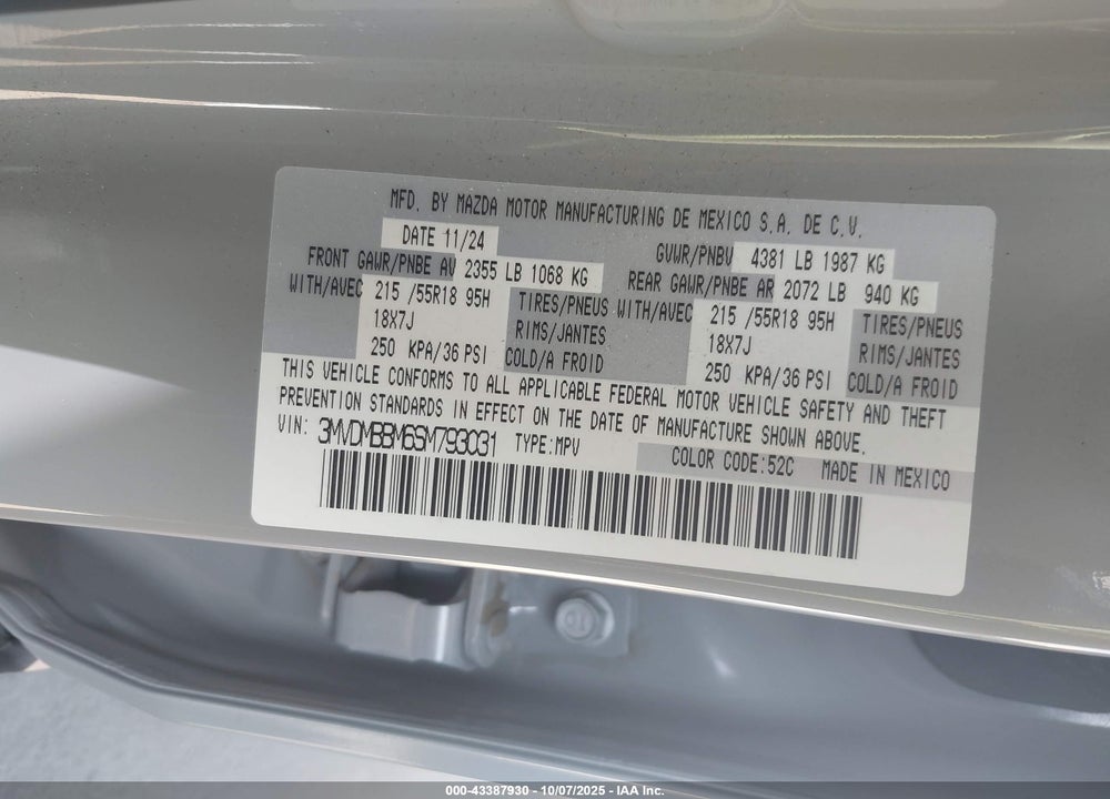 2025 MAZDA CX-30 2.5 S SELECT SPORT VIN: 3MVDMBBM6SM793031