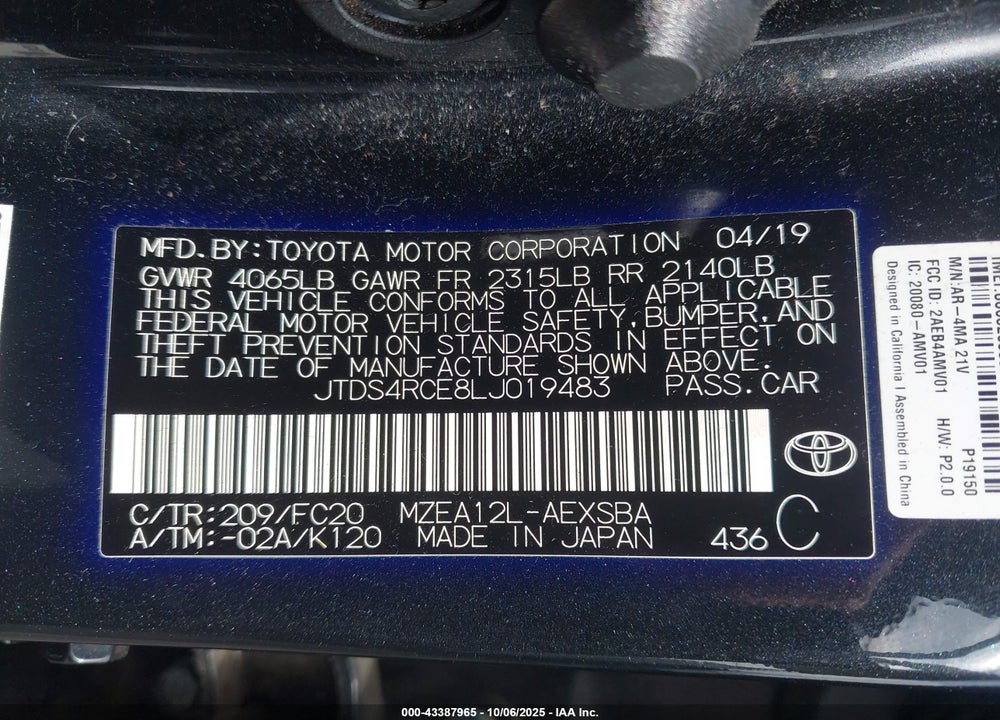 2020 TOYOTA COROLLA VIN: JTDS4RCE8LJ019483