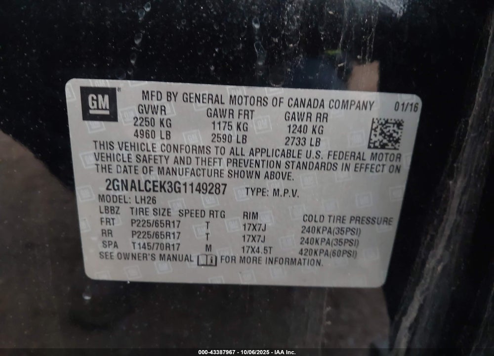 2016 CHEVROLET EQUINOX VIN: 2GNALCEK3G1149287
