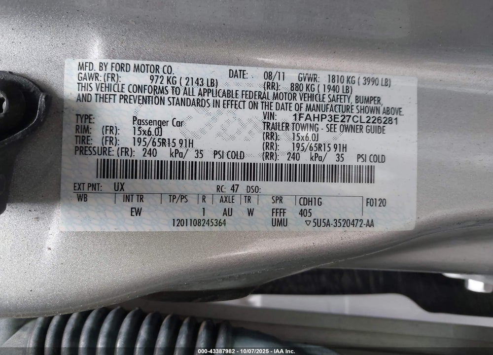 2012 FORD FOCUS VIN: 1FAHP3E27CL226281