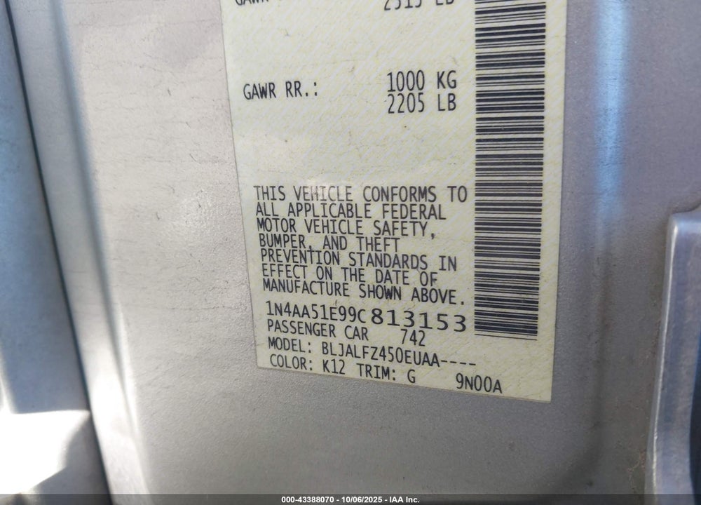 2009 NISSAN MAXIMA 3.5 SV VIN: 1N4AA51E99C813153