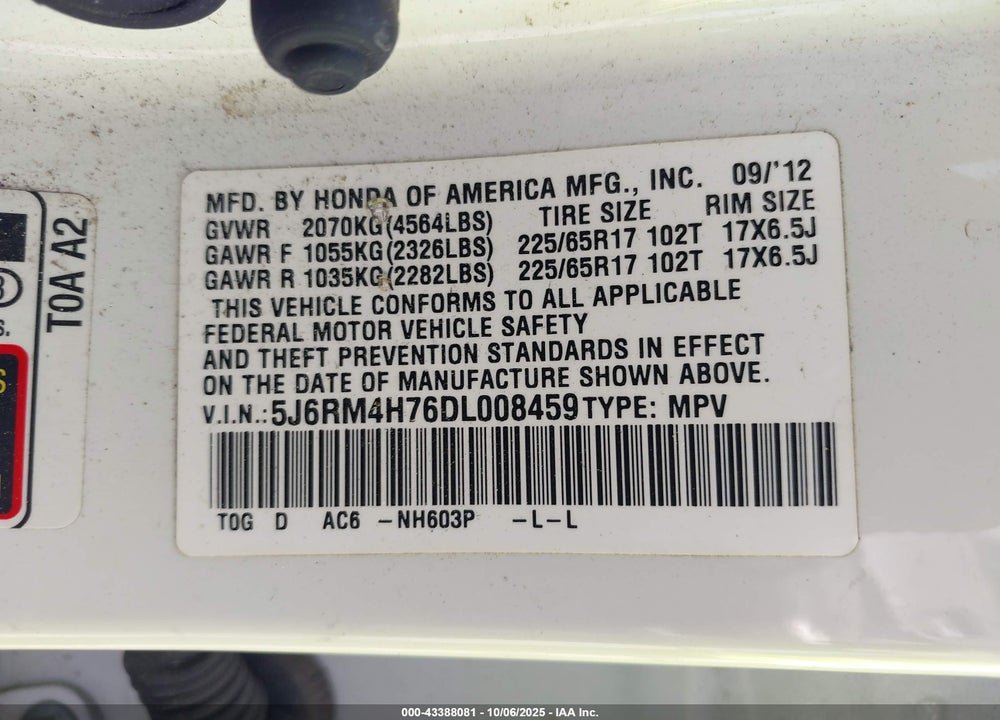 2013 HONDA CR-V VIN: 5J6RM4H76DL008459