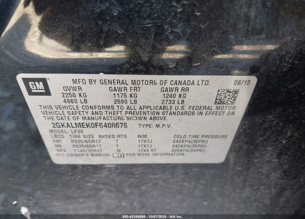 2015 GMC TERRAIN SLE-1 VIN: 2GKALMEK0F6408676