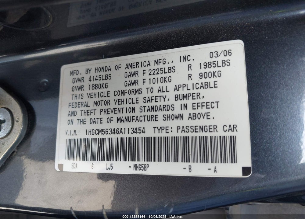 2006 HONDA ACCORD VIN: 1HGCM56346A113454