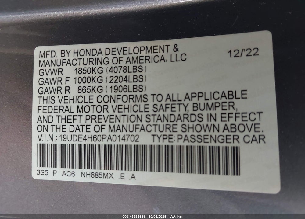 2023 ACURA INTEGRA A-SPEC TECHNOLOGY VIN: 19UDE4H60PA014702