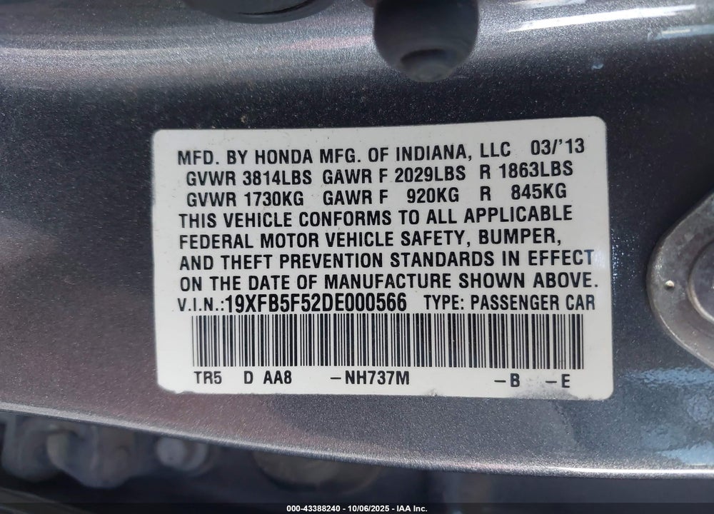 2013 HONDA CIVIC NATURAL GAS VIN: 19XFB5F52DE000566