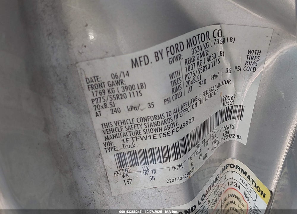 2014 FORD F-150 FX4 VIN: 1FTFW1ET5EFC49903