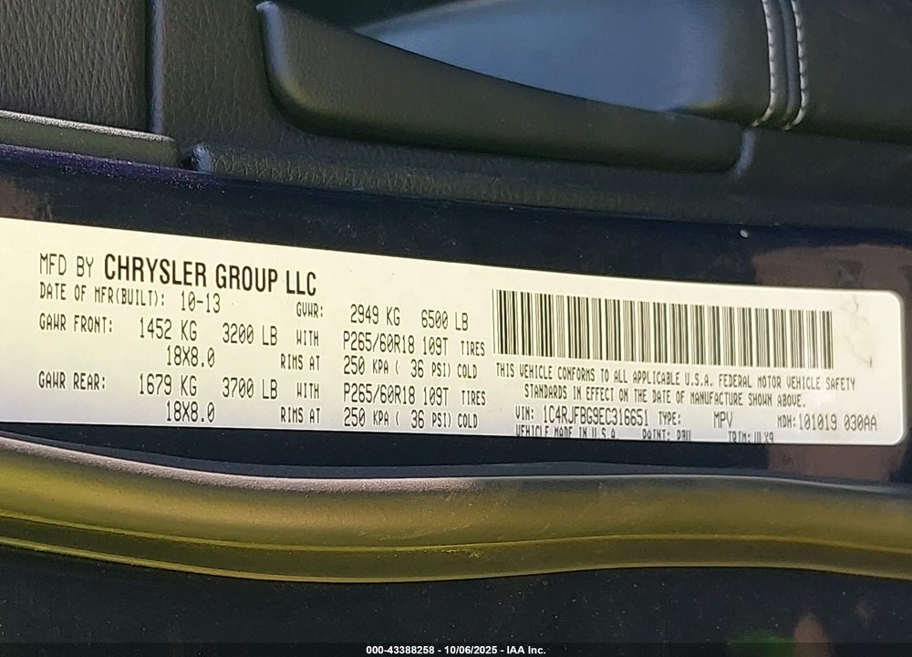 2014 JEEP GRAND CHEROKEE VIN: 1C4RJFBG9EC316651