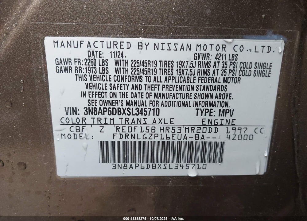 2025 NISSAN KICKS SR INTELLIGENT AWD VIN: 3N8AP6DBXSL345710
