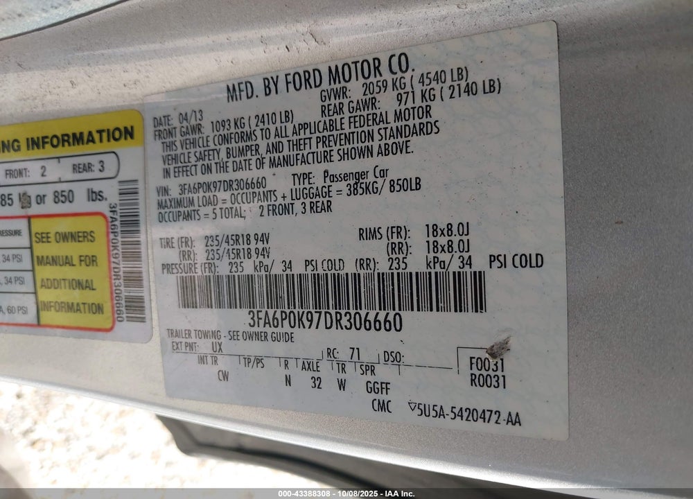 2013 FORD FUSION VIN: 3FA6P0K97DR306660