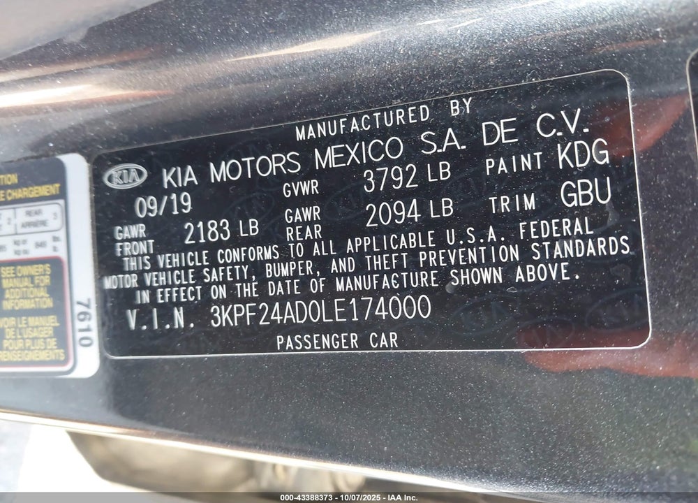 2020 KIA FORTE LXS VIN: 3KPF24AD0LE174000