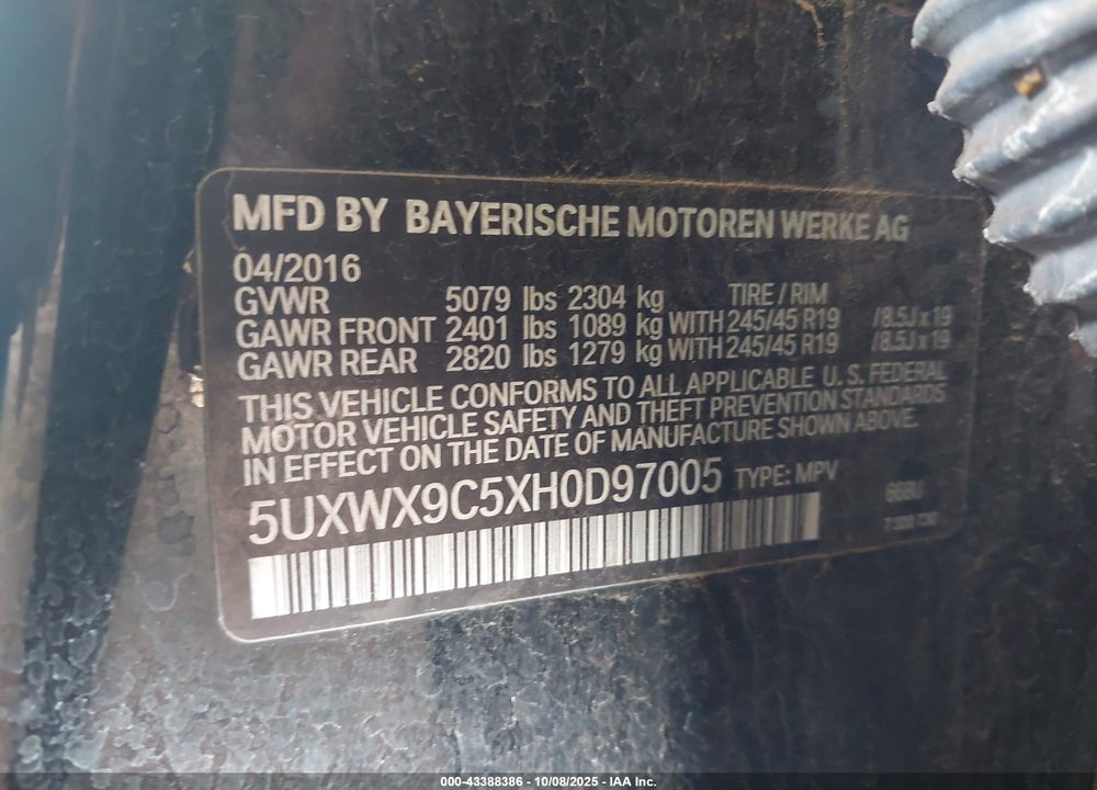 2017 BMW X3 XDRIVE28I VIN: 5UXWX9C5XH0D97005