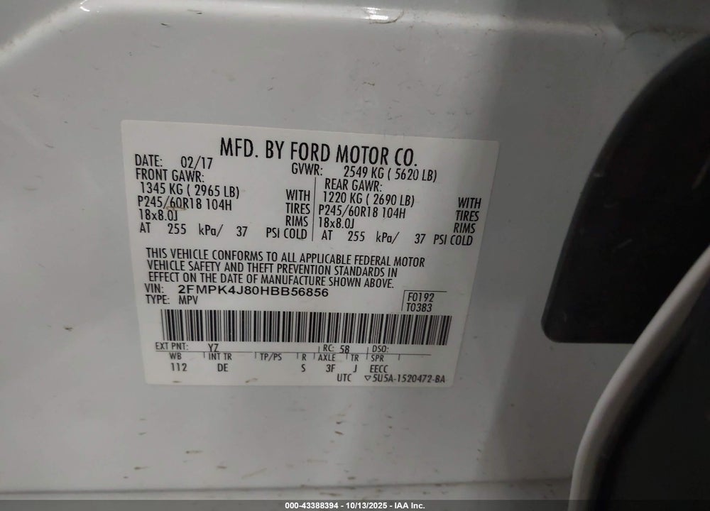 2017 FORD EDGE VIN: 2FMPK4J80HBB56856