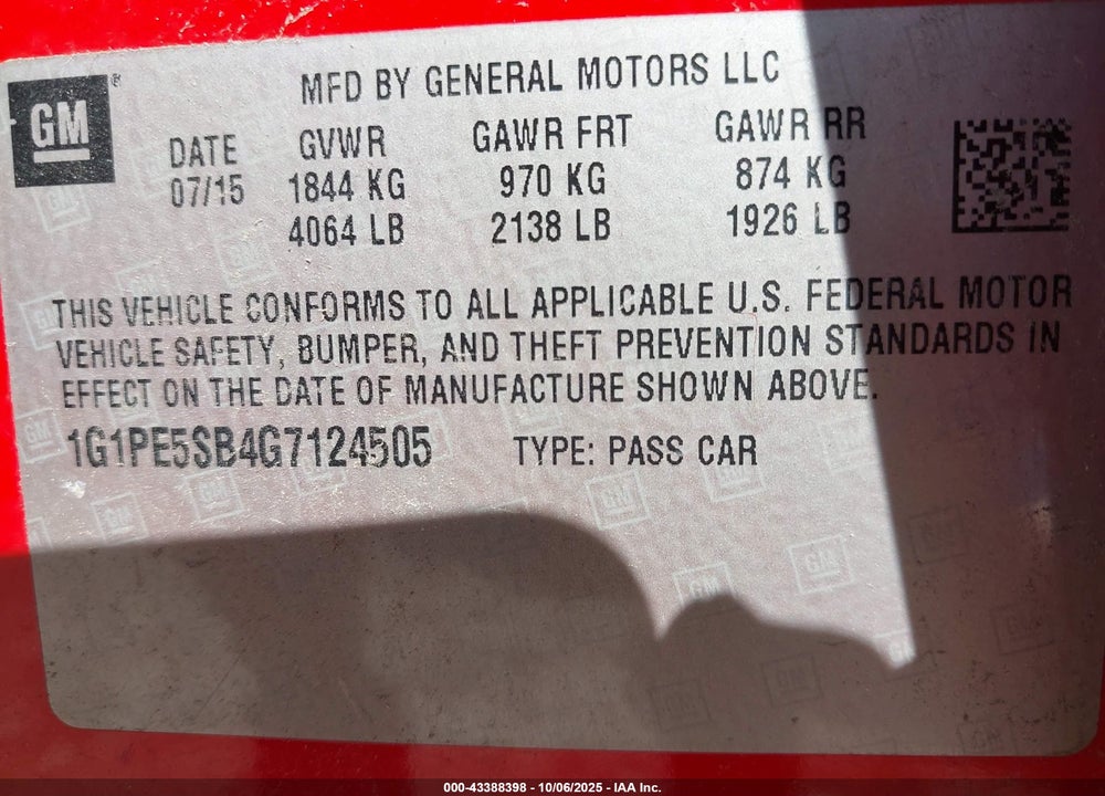 2016 CHEVROLET CRUZE LIMITED VIN: 1G1PE5SB4G7124505