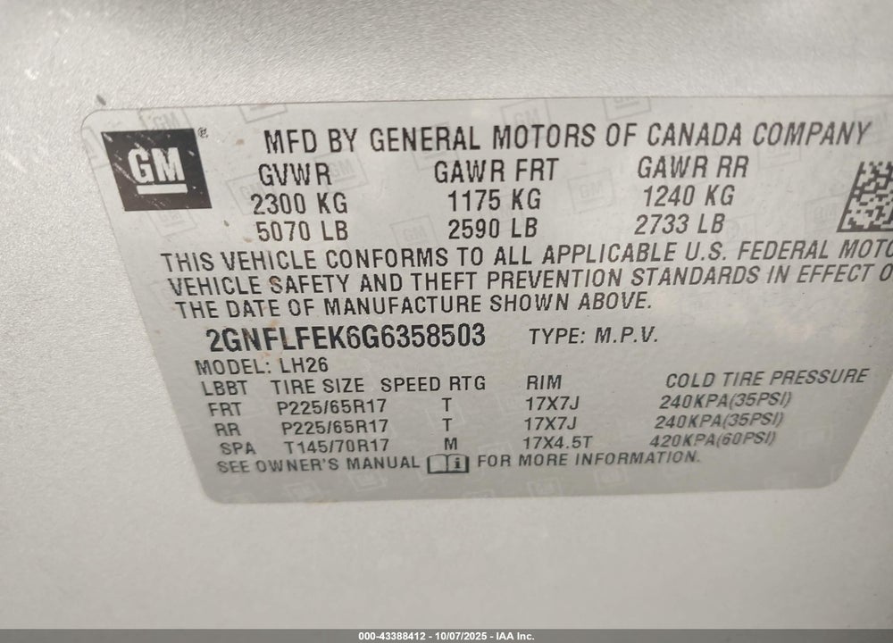2016 CHEVROLET EQUINOX VIN: 2GNFLFEK6G6358503