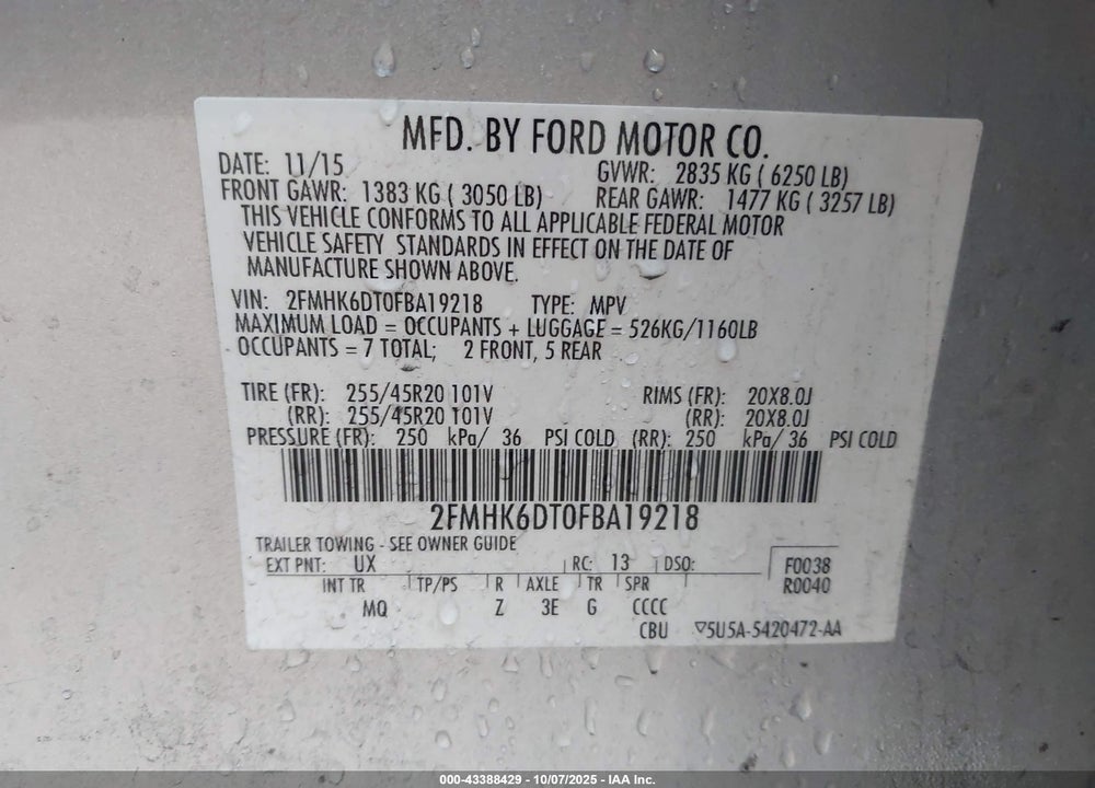 2015 FORD FLEX LIMITED VIN: 2FMHK6DT0FBA19218