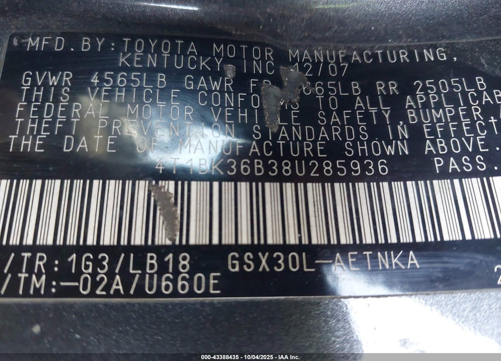 2008 TOYOTA AVALON VIN: 4T1BK36B38U285936