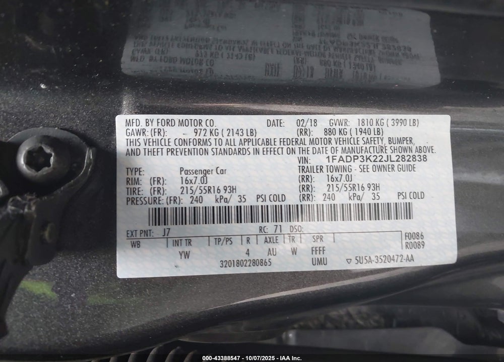 2018 FORD FOCUS VIN: 1FADP3K22JL282838