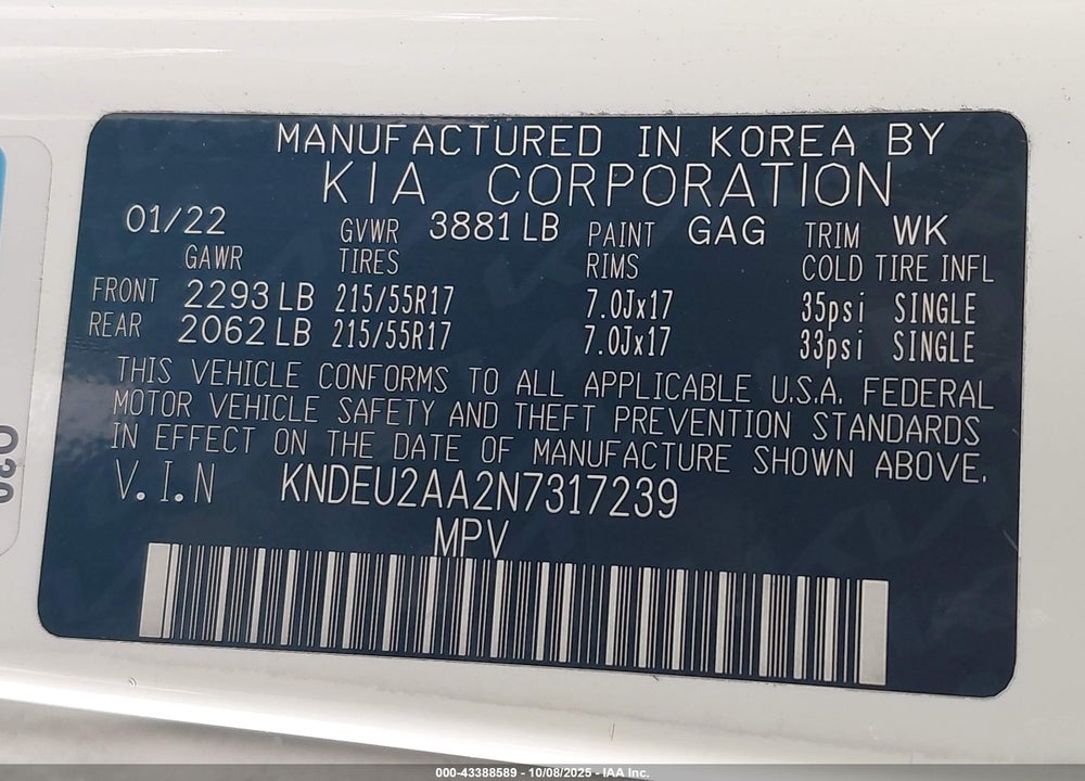2022 KIA SELTOS S VIN: KNDEU2AA2N7317239