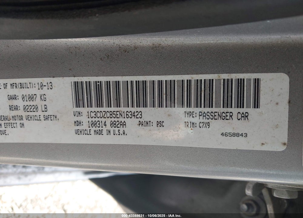 2014 DODGE AVENGER VIN: 1C3CDZCB5EN163423