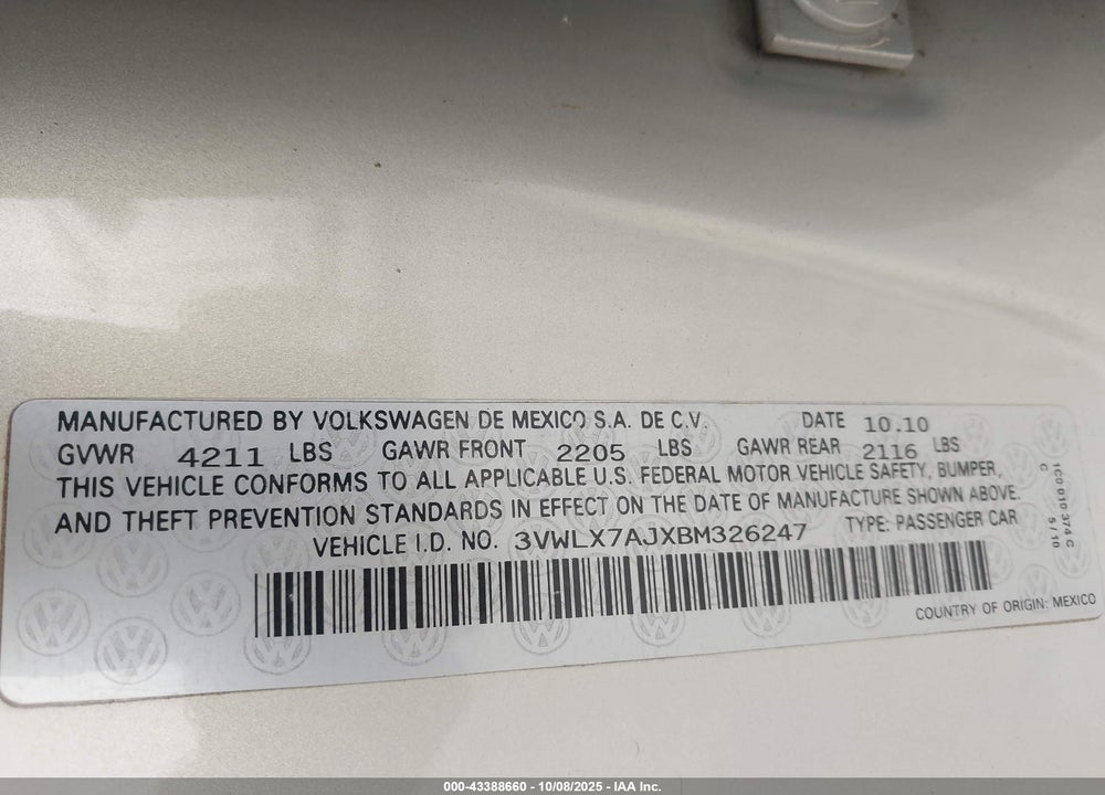 2011 VOLKSWAGEN JETTA VIN: 3VWLX7AJXBM326247