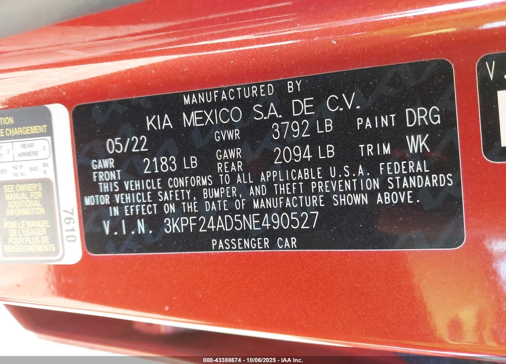 2022 KIA FORTE VIN: 3KPF24AD5NE490527