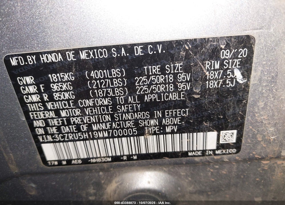 2021 HONDA HR-V 2WD SPORT VIN: 3CZRU5H19MM700005