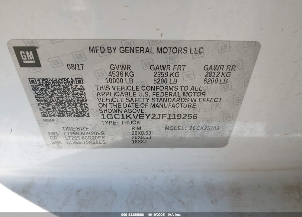 2018 CHEVROLET SILVERADO 2500 VIN: 1GC1KVEY2JF119256