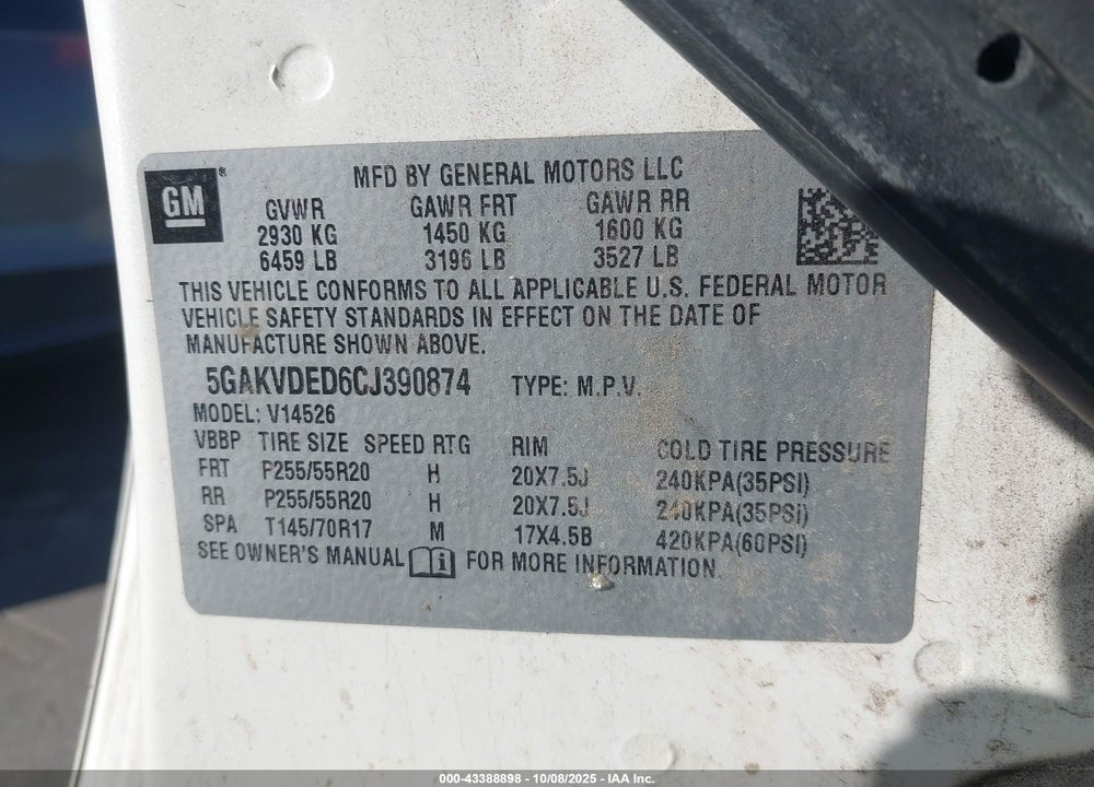 2012 BUICK ENCLAVE PREMIUM VIN: 5GAKVDED6CJ390874
