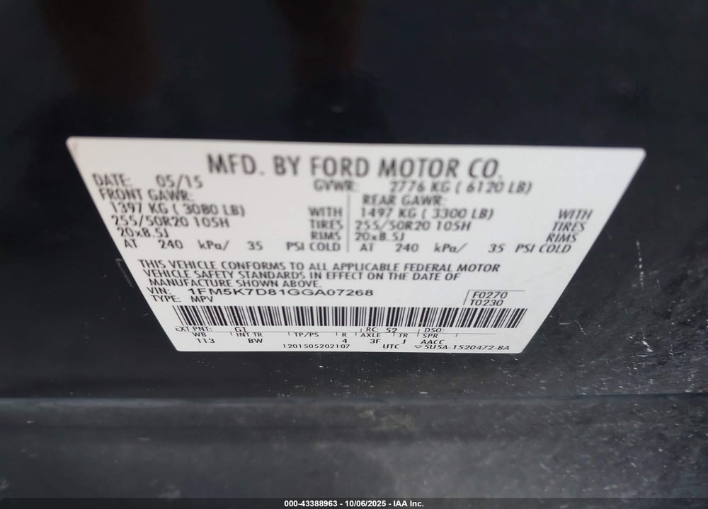 2016 FORD EXPLORER XLT VIN: 1FM5K7D81GGA07268