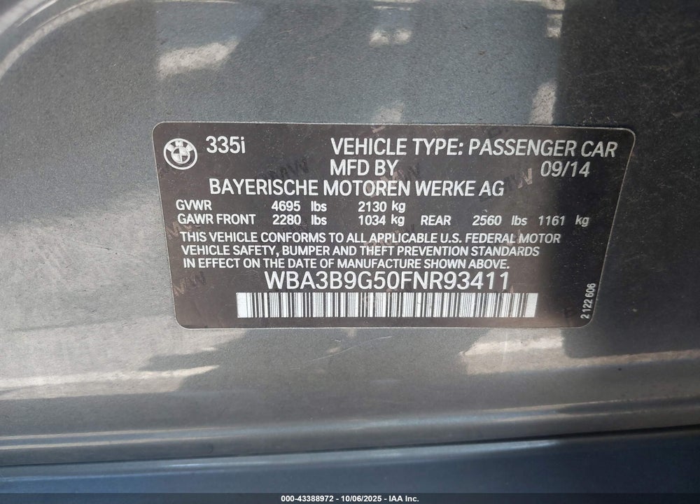 2015 BMW 3 SERIES VIN: WBA3B9G50FNR93411