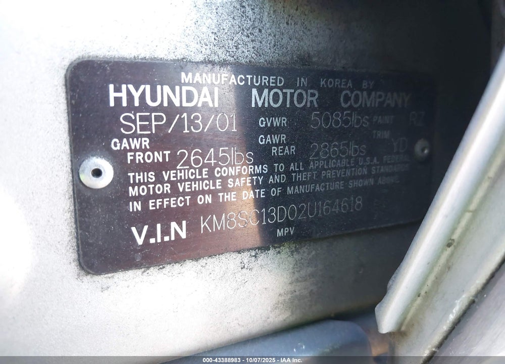 2002 HYUNDAI SANTA FE GLS/LX VIN: KM8SC13D02U164618