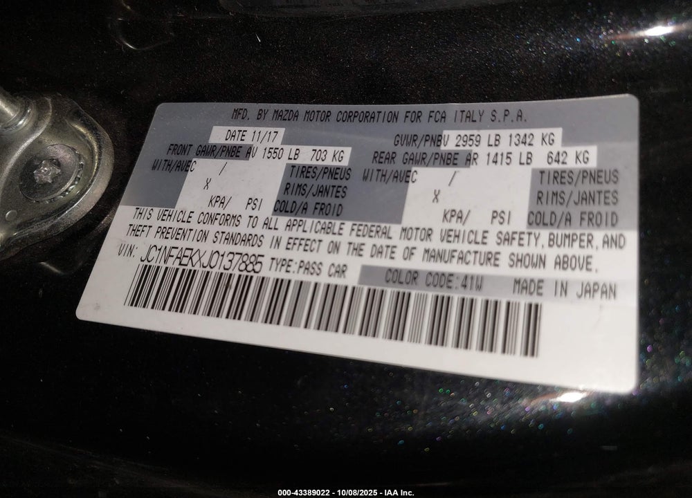 2018 FIAT 124 SPIDER CLASSICA VIN: JC1NFAEKXJ0137885