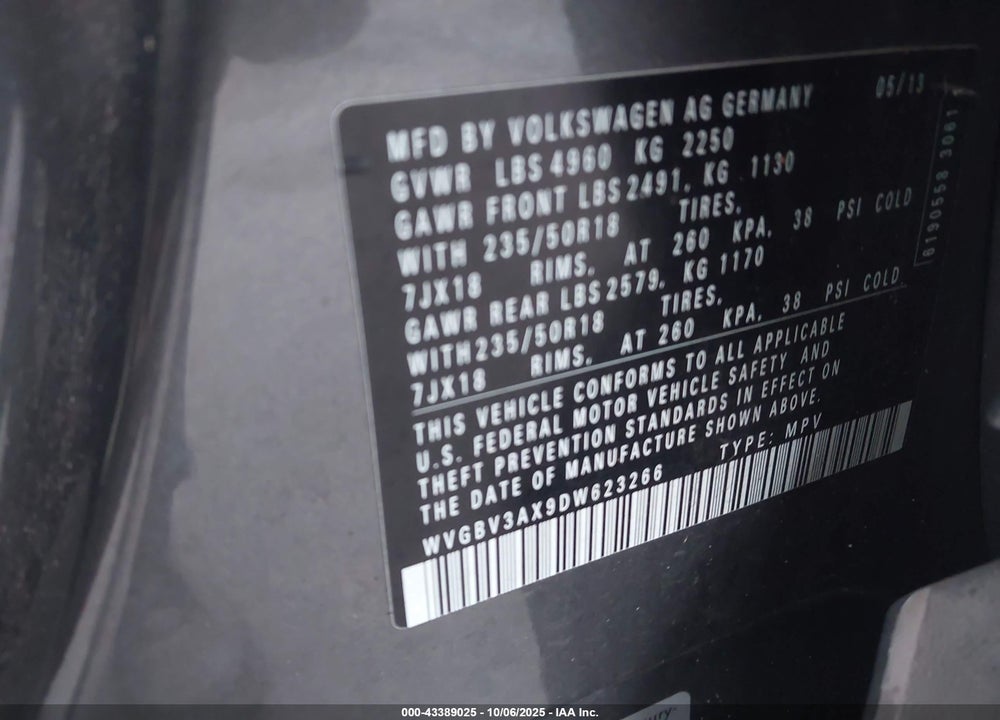 2013 VOLKSWAGEN TIGUAN VIN: WVGBV3AX9DW623266