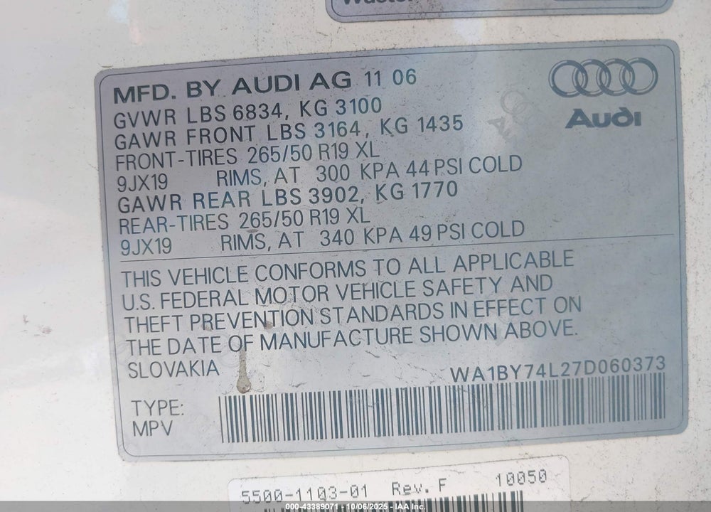 2007 AUDI Q7 VIN: WA1BY74L27D060373